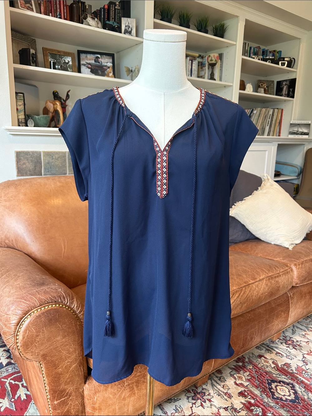 🌸3 FOR $20🌸 
DR2 Navy Embroidered Tassel V-Neck Blouse